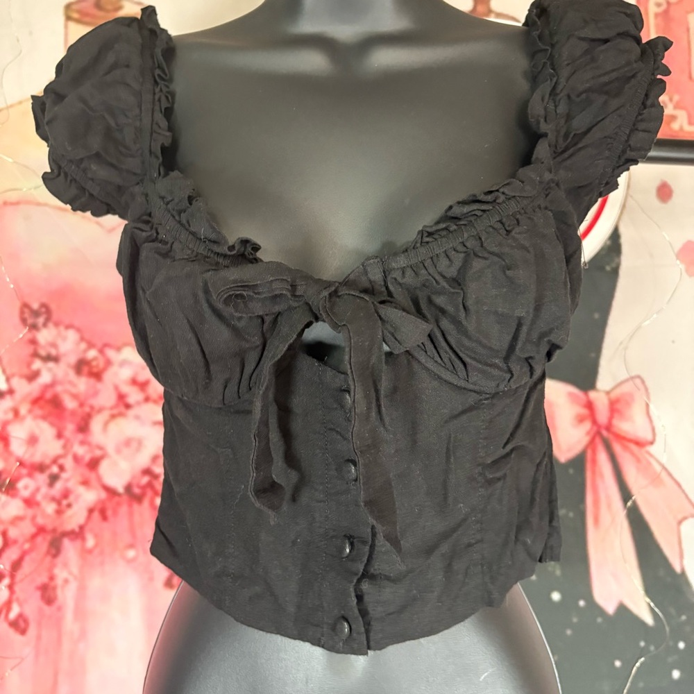 Princess Polly Black Puff-Sleeve Tie-Front Crop Top Sz 6 - Picture 2 of 12